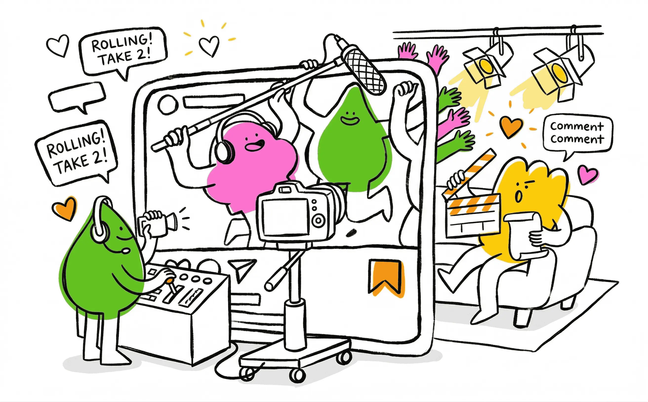 Three friendly characters celebrating around an Instagram-style post with hearts and chat bubbles