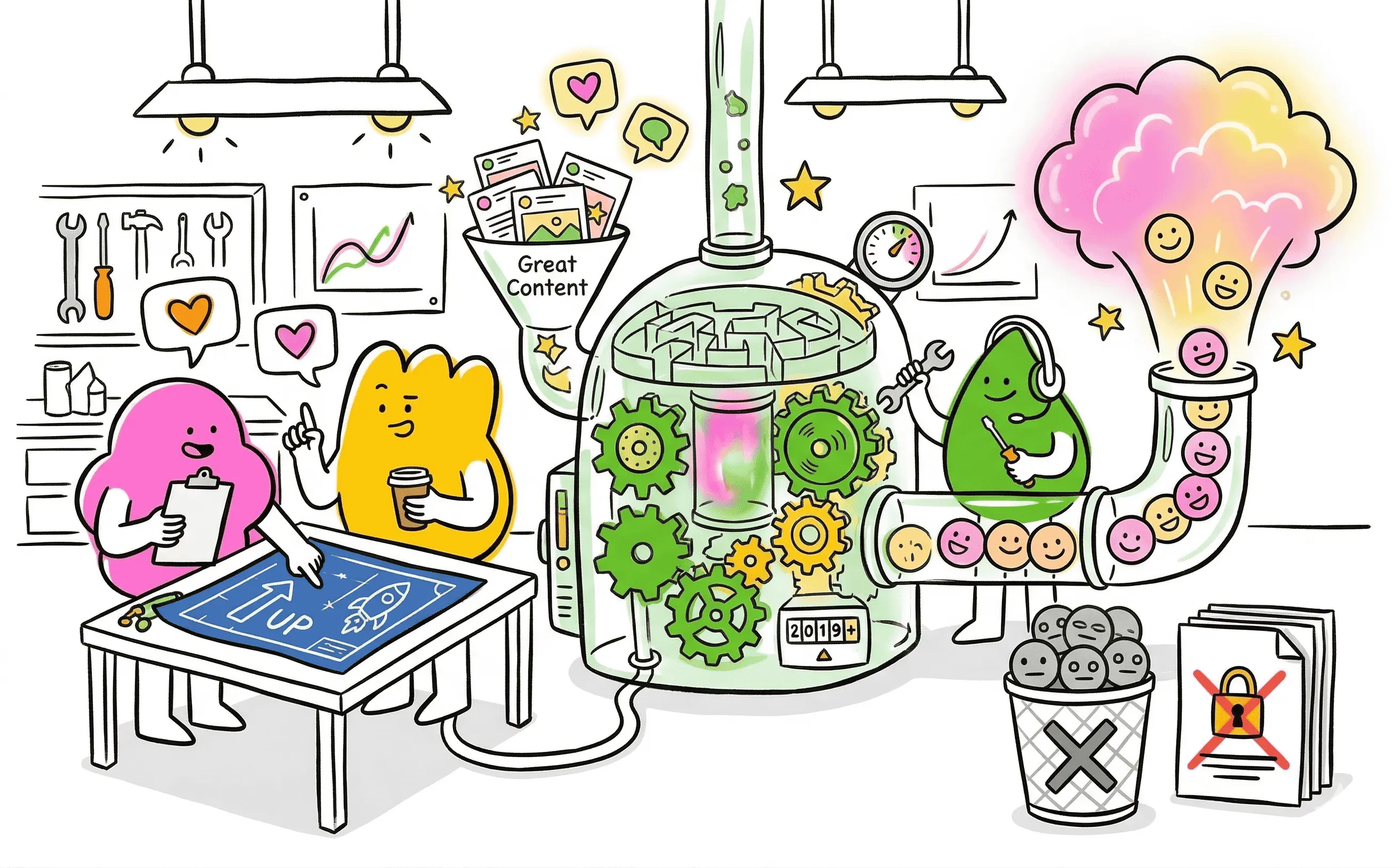 Three friendly characters celebrating around an Instagram-style post — illustrating the Likes.io community