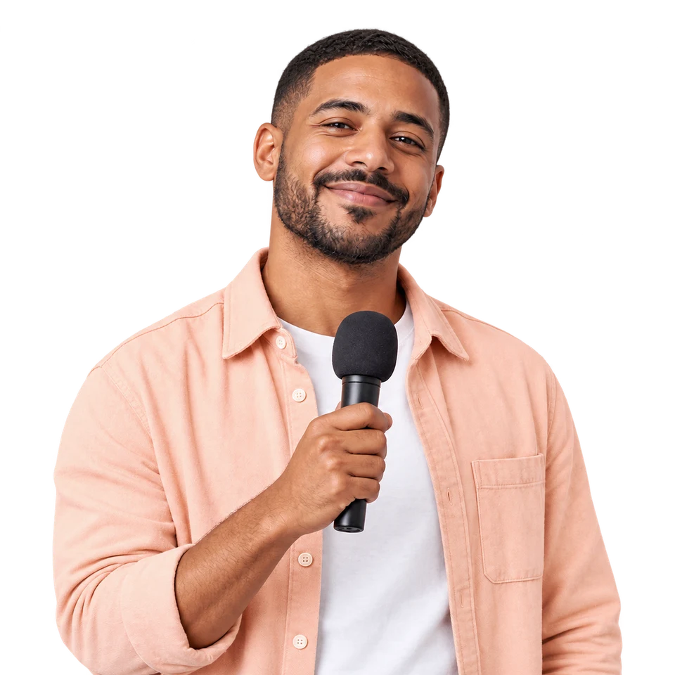 A smiling man holding a microphone beside a megaphone that sends out lilac, peach and mint beams, with an eye on the top one, for posts that get noticed
