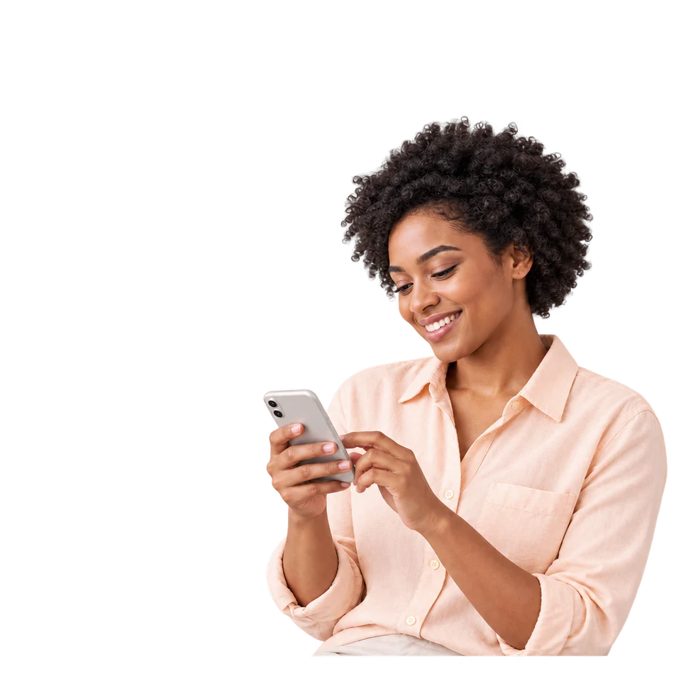 A smiling woman typing on her phone beside a chain of three speech bubbles, with a reply arrow above the top one, illustrating Instagram comments