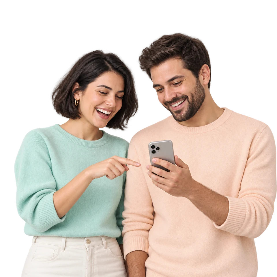 A woman and a man laughing over a phone, above a row of heart, comment and bookmark buttons with the heart lit up, illustrating Instagram likes