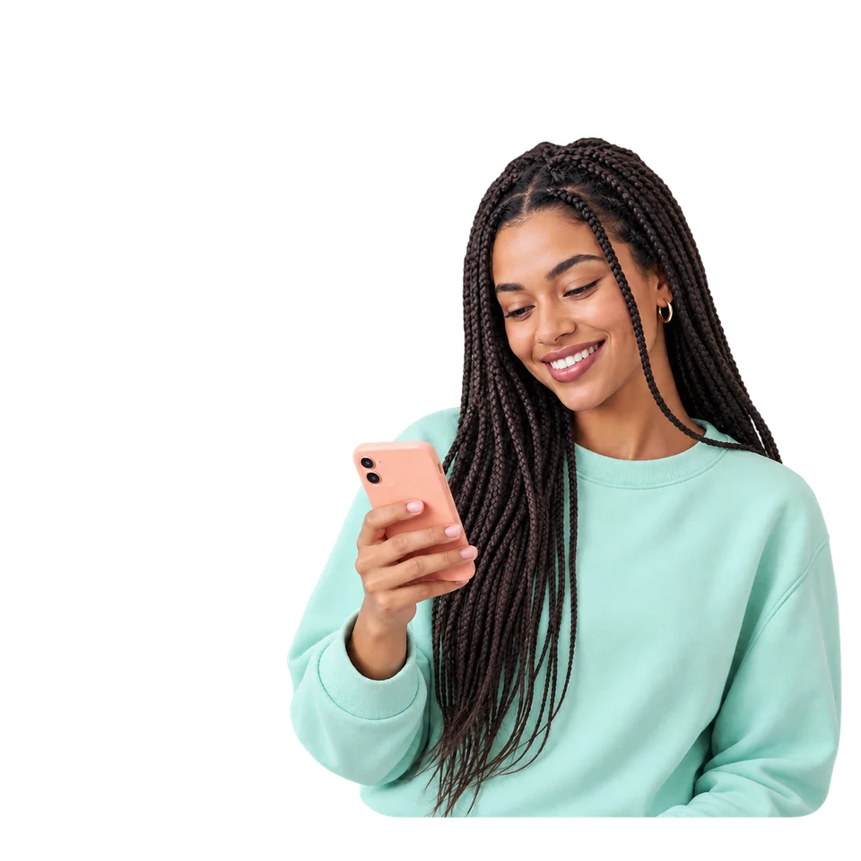 A woman with long braids smiling at her phone beside a large heart, two vertical video cards and a small orange heart, illustrating TikTok likes
