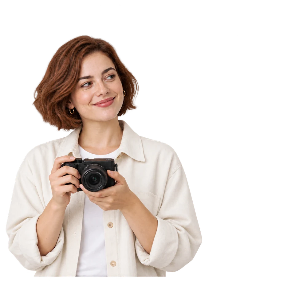 A woman holding a camera beside a stack of three video cards with a notification bell at the corner, illustrating YouTube subscribers