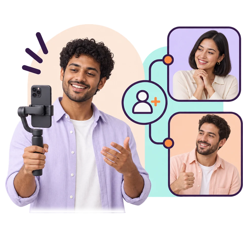 A smiling creator filming himself with a phone on a handheld stabiliser, linked through a follow icon to portraits of a smiling woman and a man giving a thumbs-up, illustrating new Instagram followers