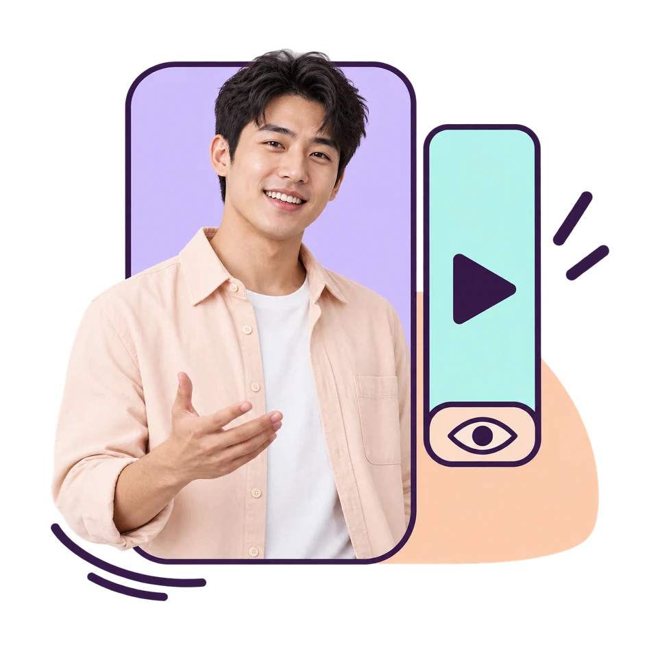 A smiling man gesturing from inside a vertical video frame, beside a tall play button with an eye below it, illustrating TikTok views
