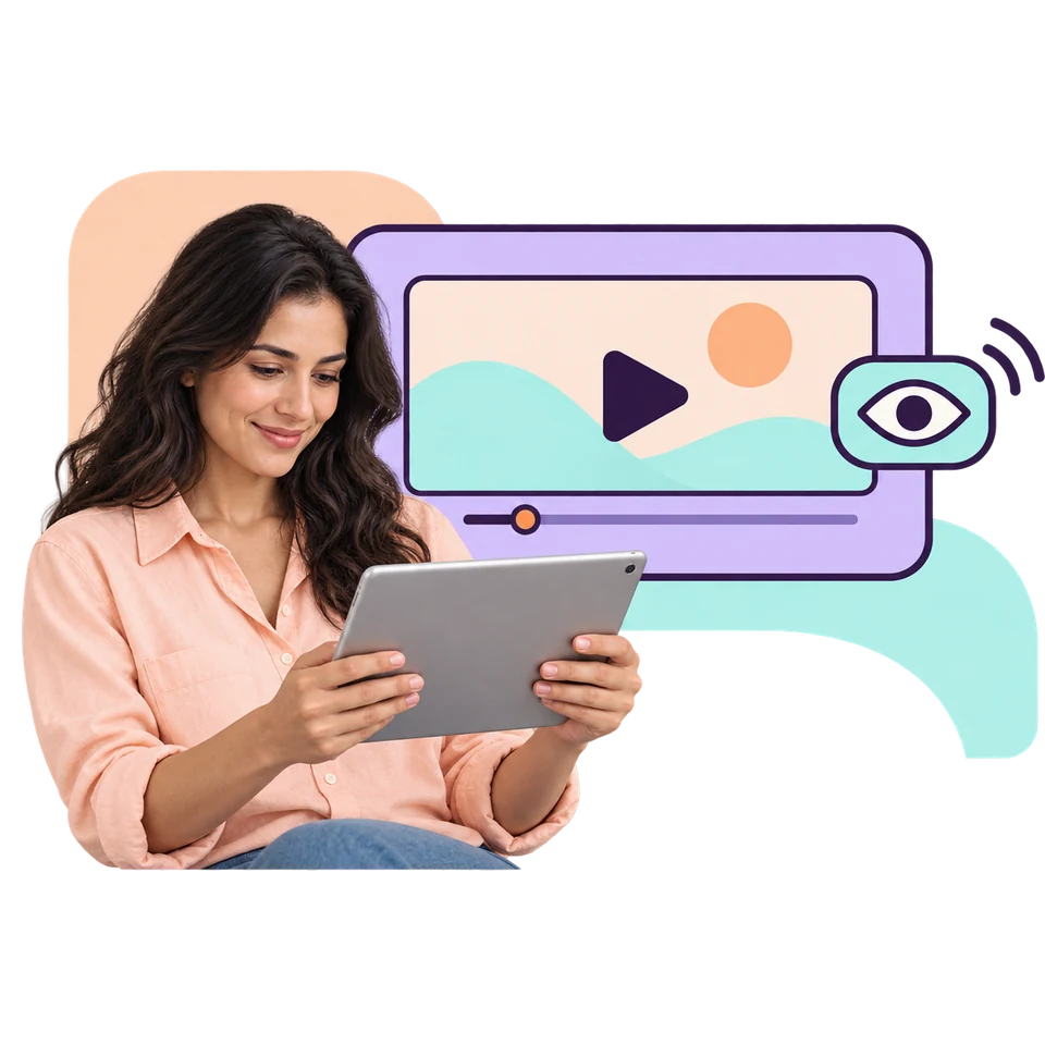 A woman watching a tablet beside a large video player with a play button, a progress bar and an eye badge, illustrating YouTube views